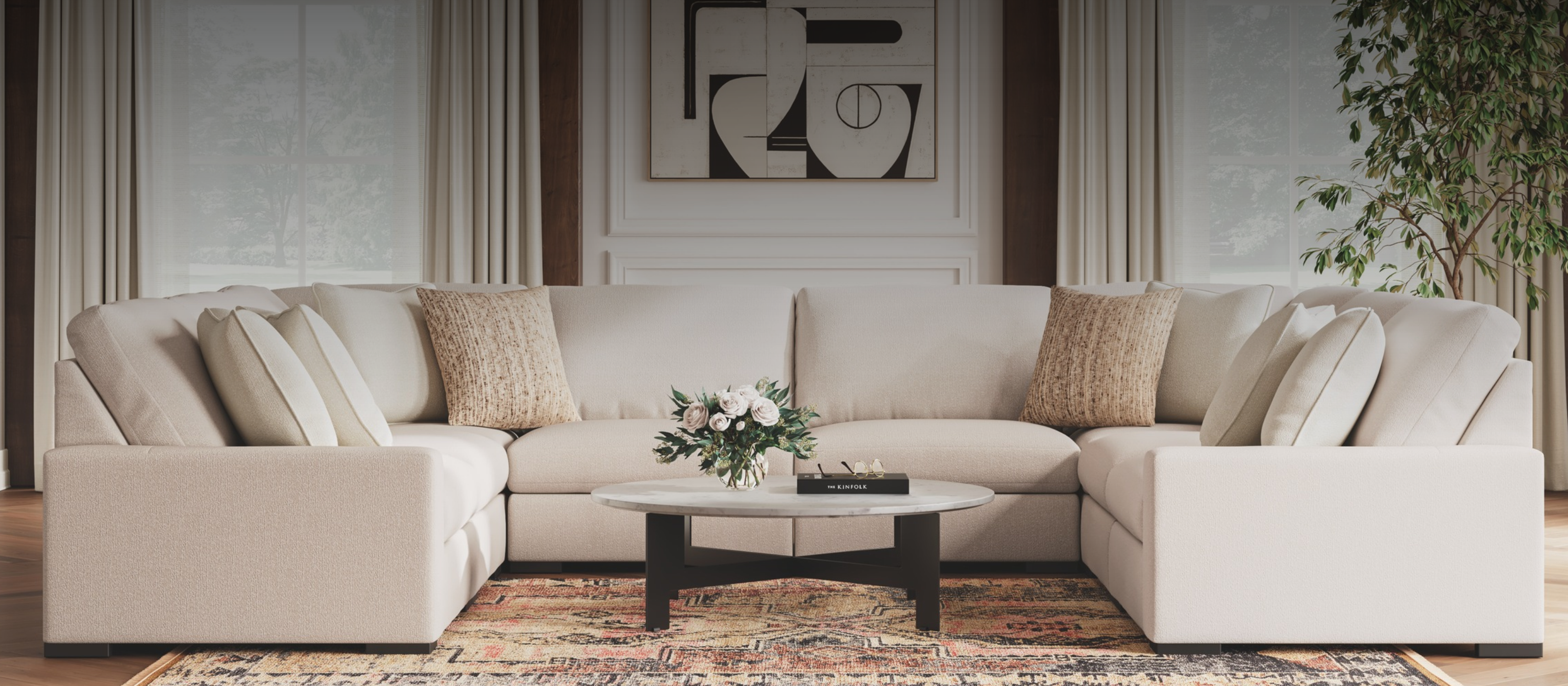 Bright living room featuring a cream sectional sofa